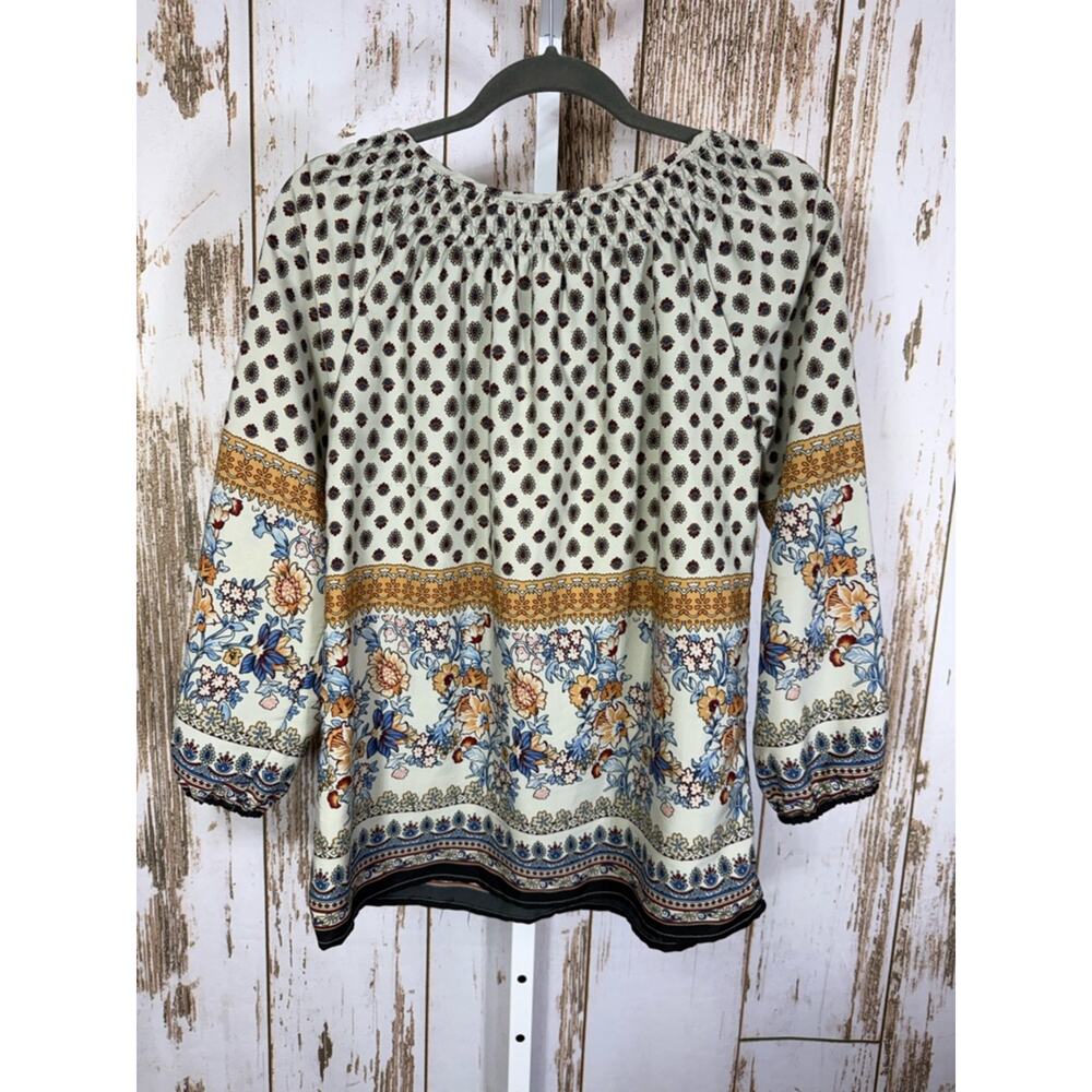 Tantrums, Cream Floral Border Peasant Top w/Blue and Gold Accents. Size Medium. - Picture 6 of 6